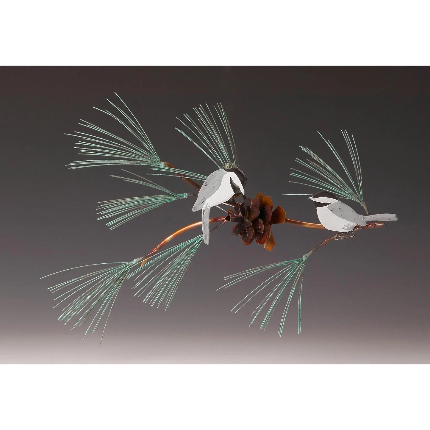 Andy Brinkley Copper Chickadees on a Pine Branch 291 12"H x 20"L Artistic Artisan Crafted Copper and Brass Wall Sculptures