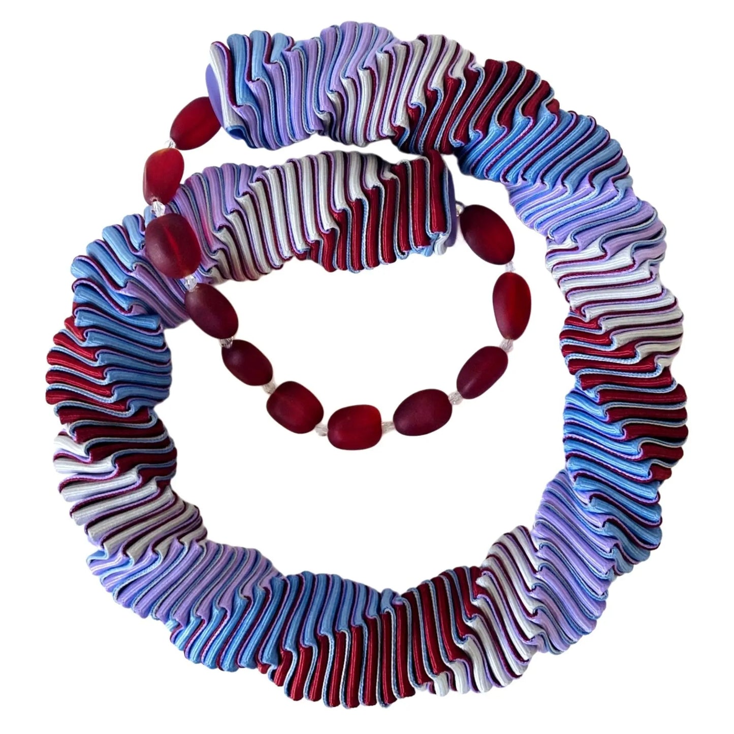 Ellen Sue Gordon Cranberry Delphinium Grosgrain necklace with Recycled Glass and Crystal Artistic Artisan Designer Necklaces