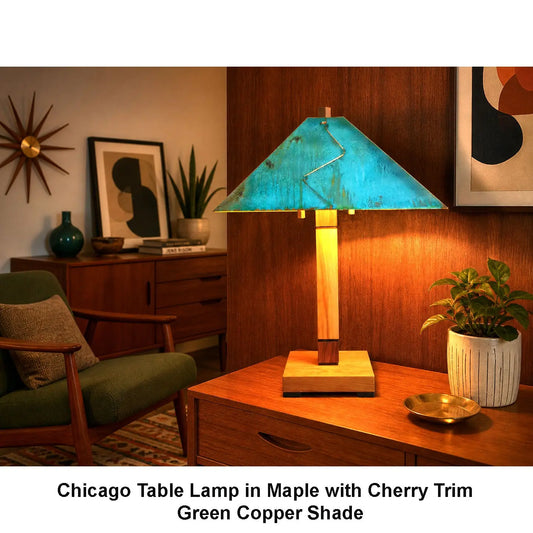 Franz GT Kessler Chicago Table Lamp in Maple with Cherry Trim and Green Copper Shade