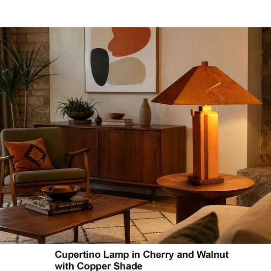 Franz GT Kessler Cupertino Table Lamp Shown in Cherry and Walnut with Copper Shade