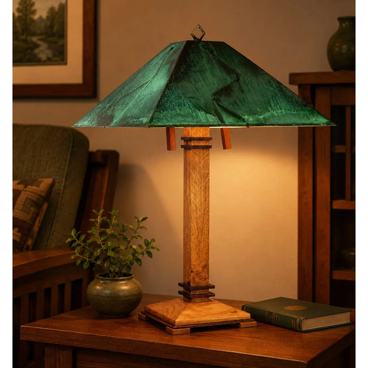 Franz GT Kessler Lake Superior Table Lamp in Oak Walnut Trim and Green Copper Shade