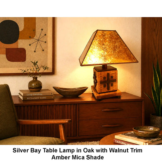 Franz GT Kessler Silver Bay Table Lamp in Oak with Walnut Trim and Amber Mica Shade