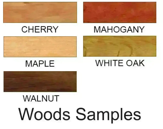 Wood color samples labeled as Cherry, Mahogany, Maple, White Oak, and Walnut on a white background.