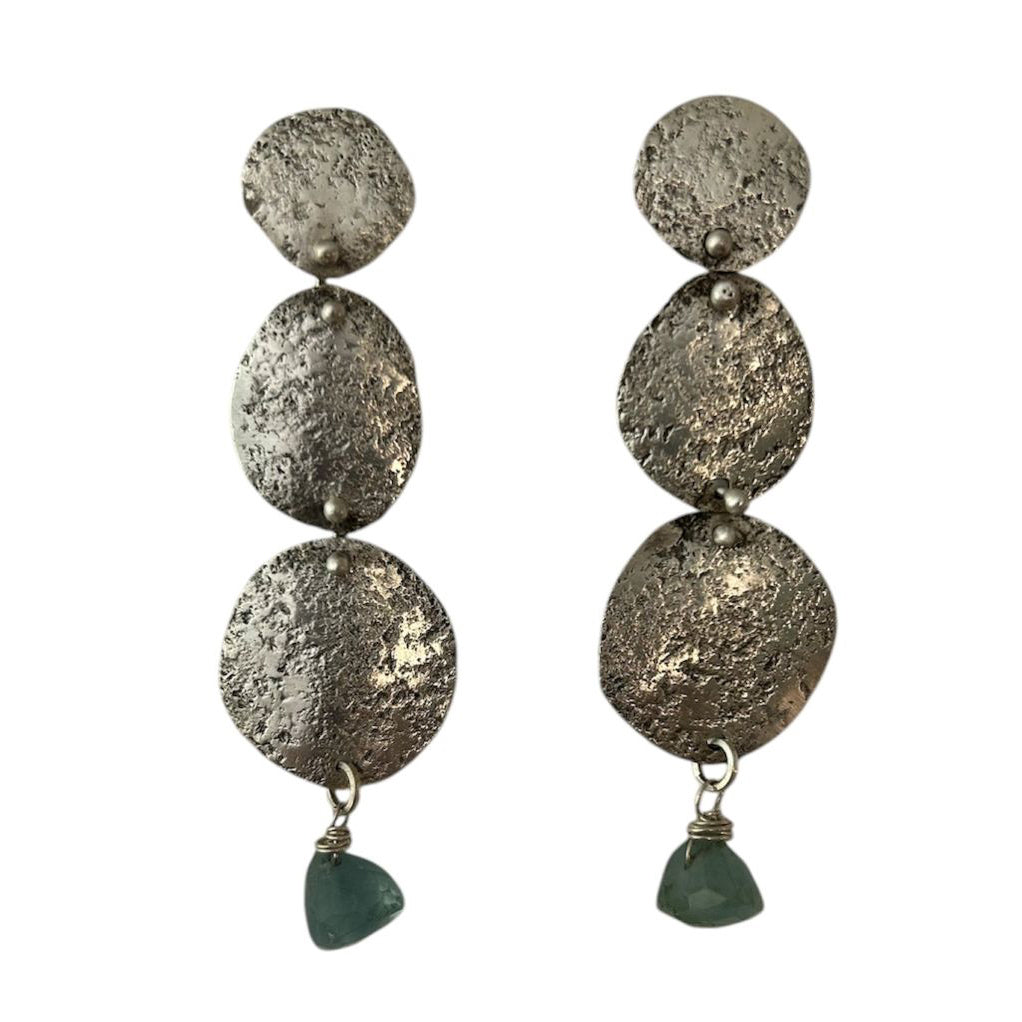 Hammered oxidized sterling silver and dangling earrings with a fluorite chip