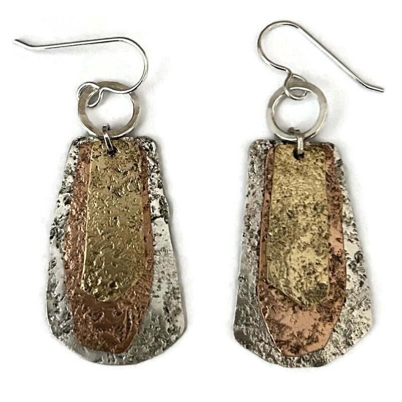 Sterling silver, copper, and 14K gold fill earrings with textured metallic design