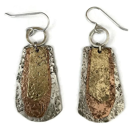 Sterling silver, copper, and 14K gold fill earrings with textured metallic design