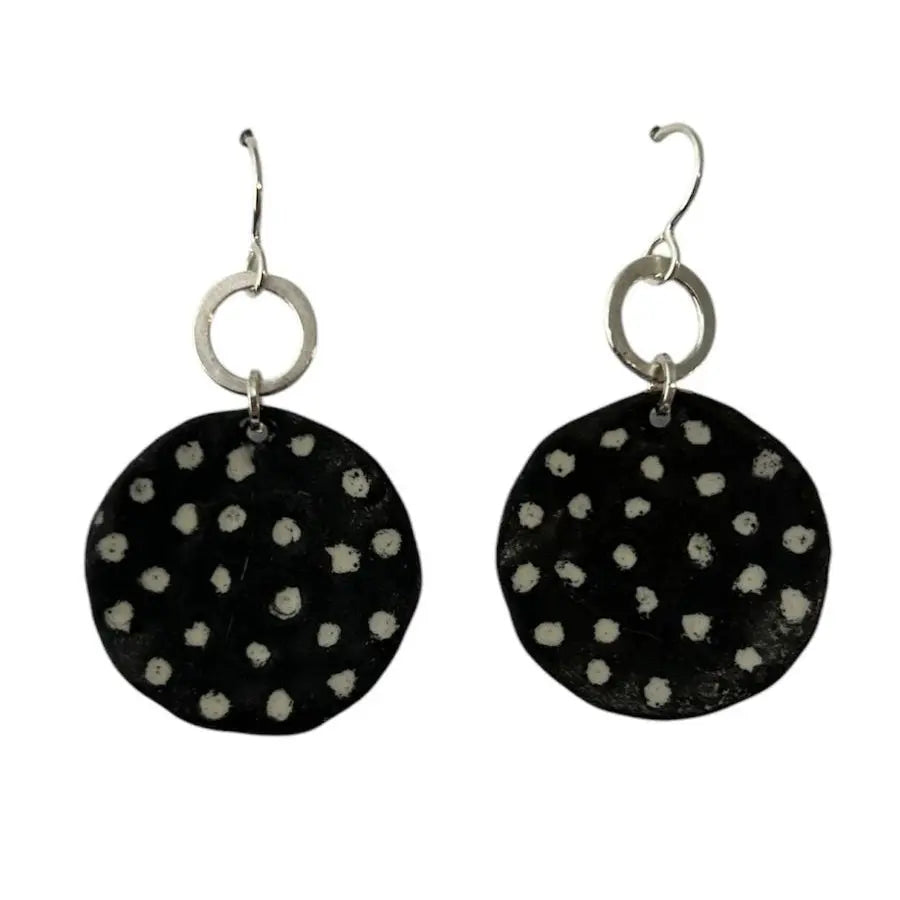 Sterling silver and enamel black and white polka dot earrings