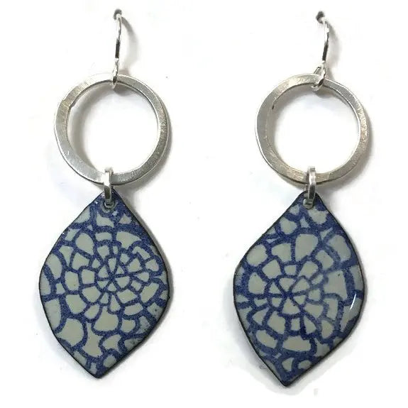 Sterling silver and enamel earrings available in white with red, blue, black or green. A number of patterns are available