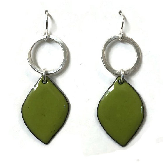 Pair of earrings with green teardrop-shaped enamel and sterling silver hoops