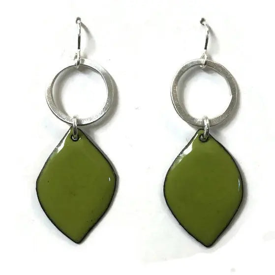 Pair of earrings with green teardrop-shaped enamel and sterling silver hoops