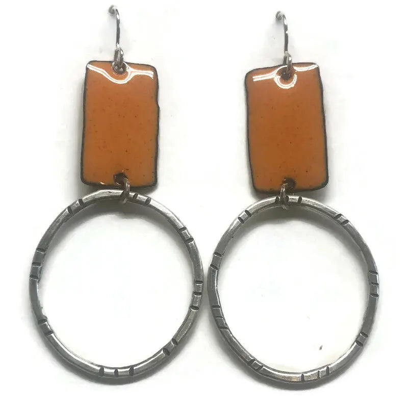 Earrings with brown rectangular enamel and sterling silver circles, other colors available