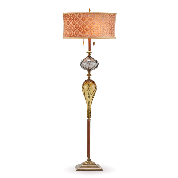 Kinzig Design Jess Floor Lamp F242Ag166 Colors Gold And Gray Blown Glass Base with Kevin OBrien Moroccan Velvet Gold and Beige Shade Artistic Artisan Designer Floor Lamps