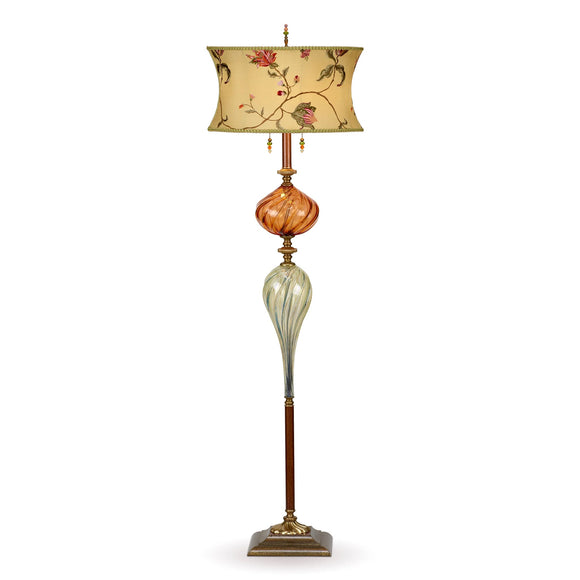 Kinzig Design Jim Floor Lamp with Green and Salmon Blown Glass Base and Corset Shaped Round Embroidered Floral Shade Artistic Artisan Designer Floor Lamps
