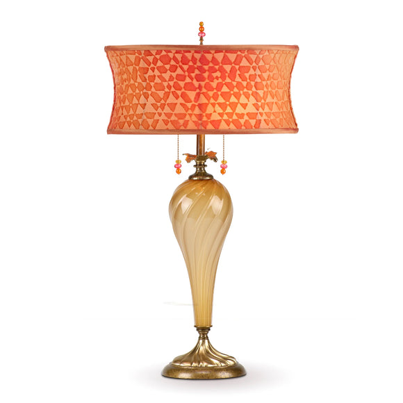 Kinzig Design New Liliana Table Lamp 2S139 With Tall Gold Blown Glass Base and Kevin O'Brien Silk Velvet Orange and Gold Shade Artistic Artisan Designer Table Lamps