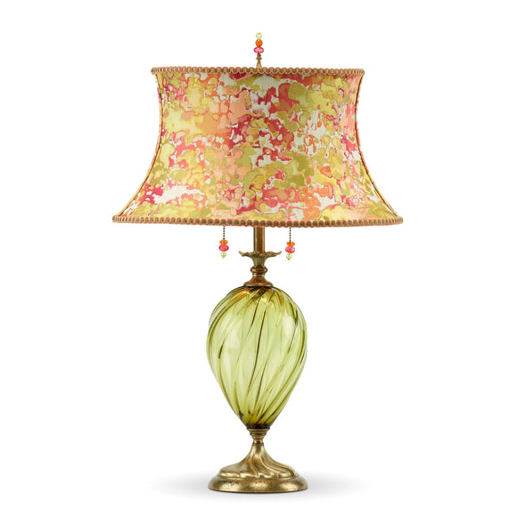Kinzig Design Sonya Table Lamp 128GAI116 with Green Hand Blown Glass Base and Woven Silk Shade with Abstract Design in Pink Peach and Lime Green Artistic Artisan Designer Table Lamps