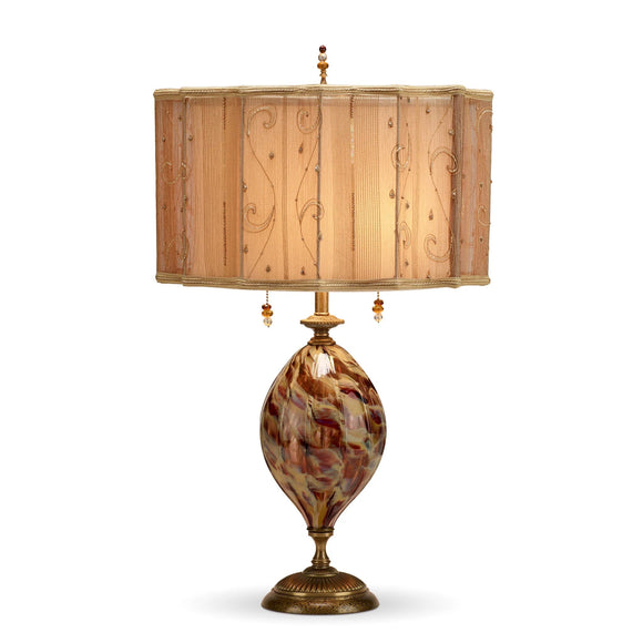 Kinzig Design Taylor Table Lamp 85Ae74 with Unique Patterned Multi Colored Neutral Blown Glass Base and Gold Silk Beaded and Sequined Shade Artistic Artisan Designer Table Lamps