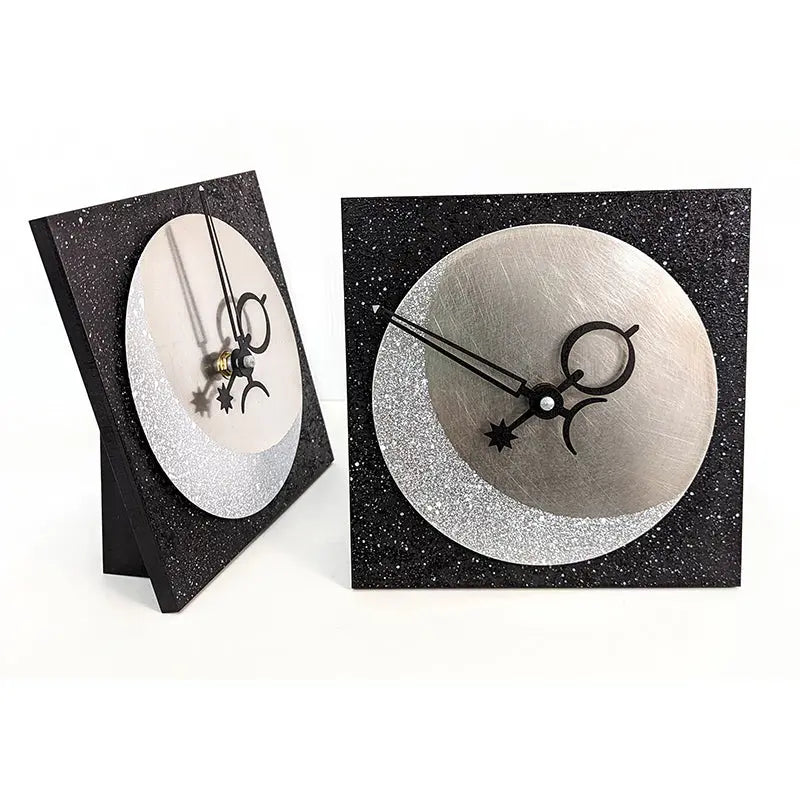 Leonie Lacouette Eclipse Desktop Clock Hand-painted Black Wood with White Stars and Brushed Stainless Steel Face with Crescent Moon