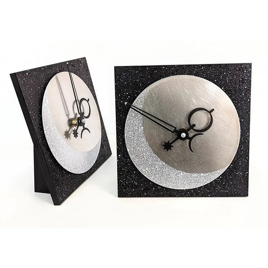 Leonie Lacouette Eclipse Desktop Clock Hand-painted Black Wood with White Stars and Brushed Stainless Steel Face with Crescent Moon