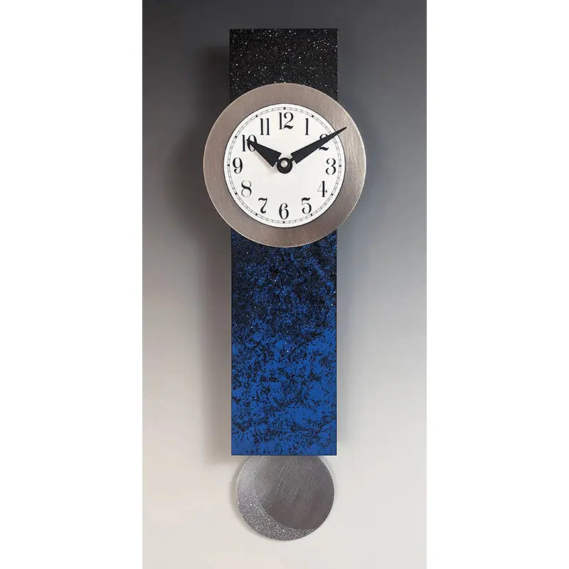 Leonie Lacouette Narrow Moon Pendulum Wall Clock with Hand-painted Blue Black Wood Brushed Stainless Steel Face