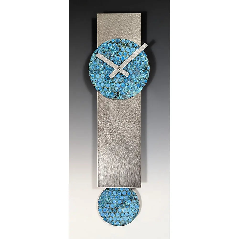 Leonie Lacouette Narrow Wall Clock with Textured Stainless Steel and Patinated Blue Turquoise Face and Pendulum