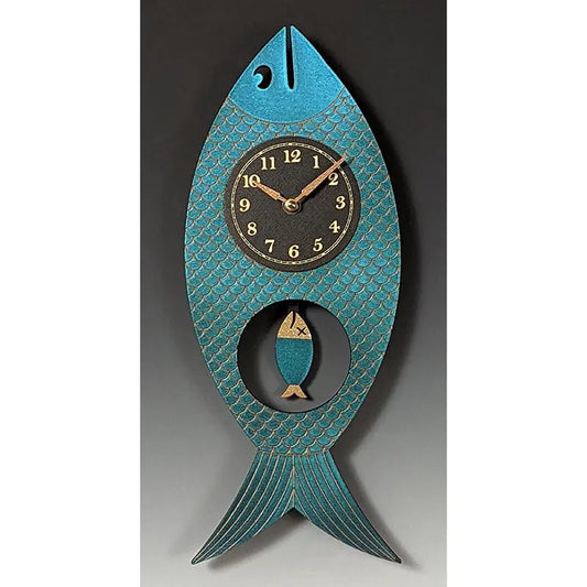 Leonie Lacouette Wanda Fish Wood Wall Clock Hand-painted in Iridescent Blue with Copper Fish Shaped Pendulum
