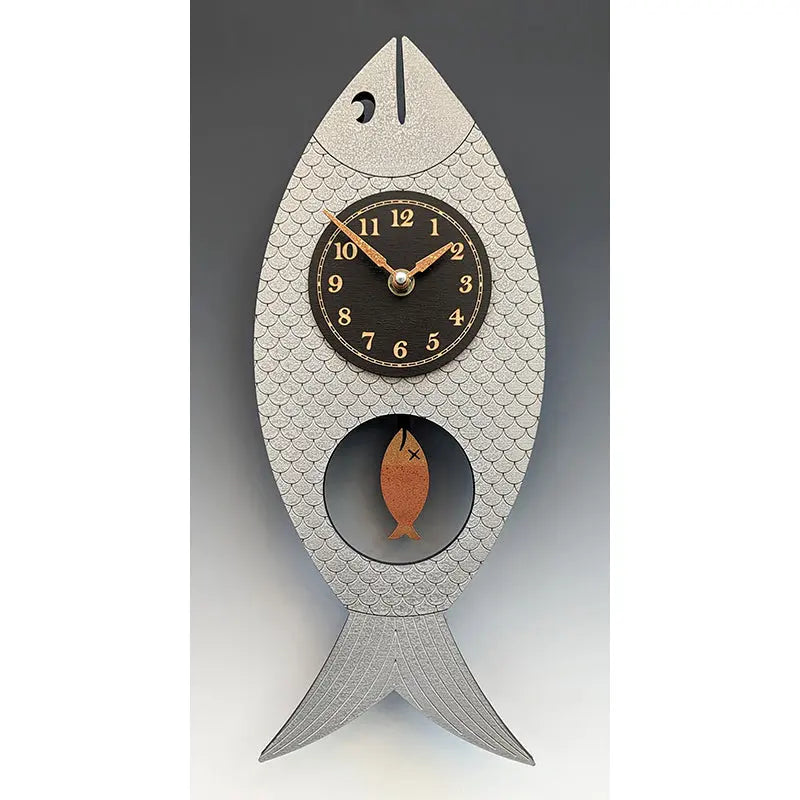 Leonie Lacouette Wanda Wall Clock Hand-painted in Pewter Color with Copper Fish Pendulum