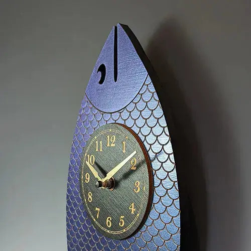 Leonie Lacouette Wanda Fish Wood Wall Clock Hand-painted in Iridescent Blue