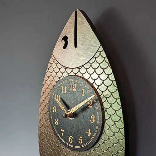 Leonie Lacouette Wanda Wood Wall Clock Hand-painted in Iridescent Green with Fish Shaped Pendulum