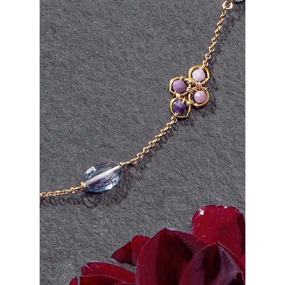 Clover and Mystic Topaz Necklace with Sugilite Wrapped Beads