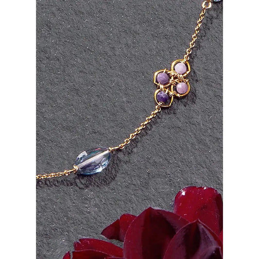Clover and Mystic Topaz Necklace with Sugilite Wrapped Beads