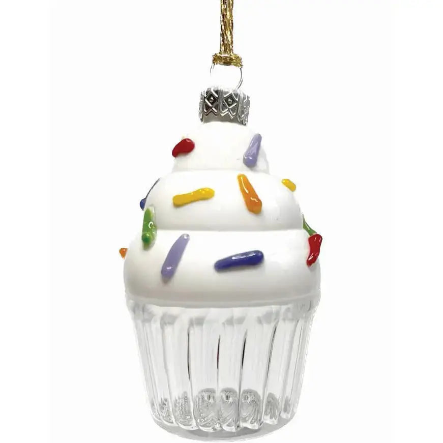 Decorative glass cupcake ornament with colorful sprinkles