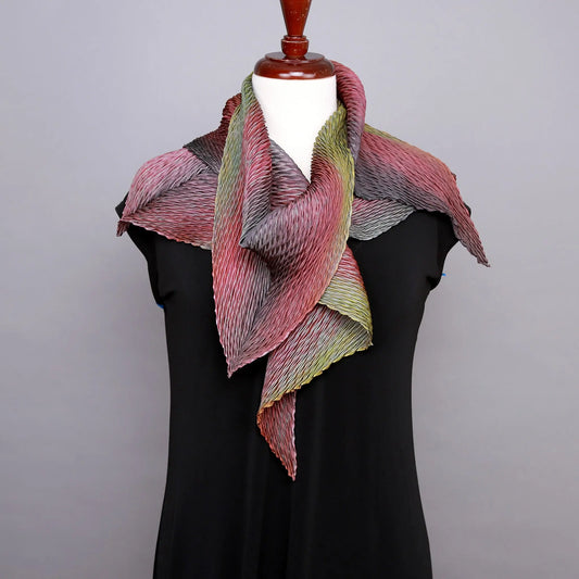 Shibori Silk Zigzag Scarf in Olive and Mauve by Cathayana Cathayana