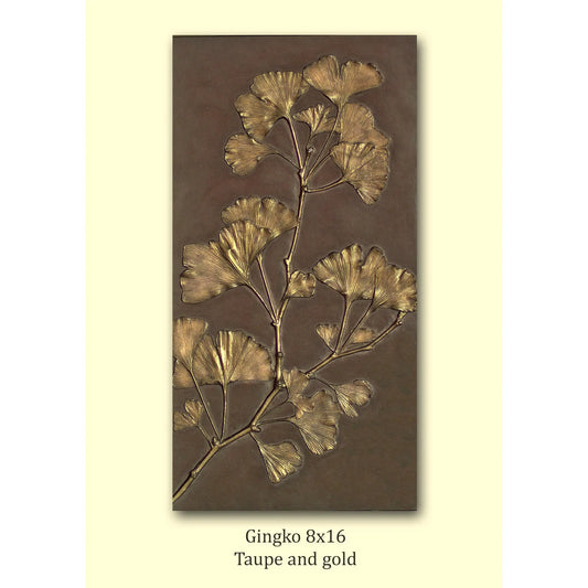 Blindspot Wall Art by Deborah Childress Gingko Wall Panel 1 Shown in Taupe Gold Color Artistic Artisan Wall Art