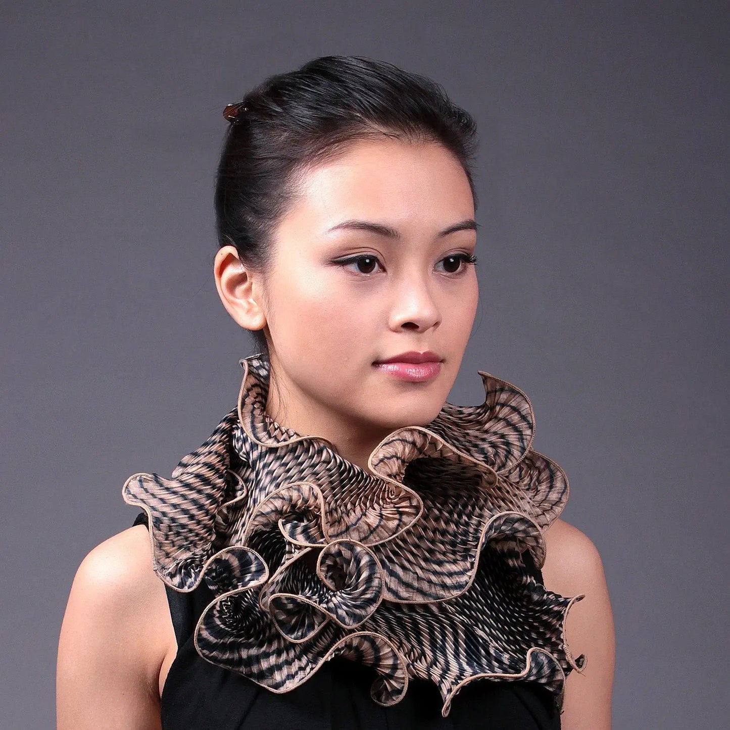 Shibori Silk Infinity Scarf SIA-03 in Black and Beige by Cathayana