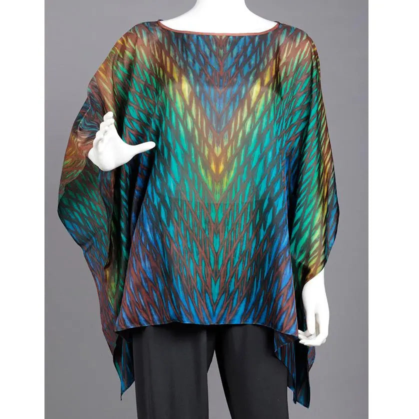 Cathayana Shibori Silk Poncho SY514 in Blue Turquoise Green Yellow and Browns Artistic Designer Hand Dyed and Pleated Silk Poncho