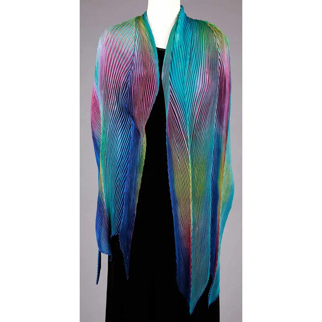 Cathayana Shibori Silk Shawl SA-319 in Turquoise Blue and Pink Artistic Designer Hand Dyed and Pleated Silk Shawl