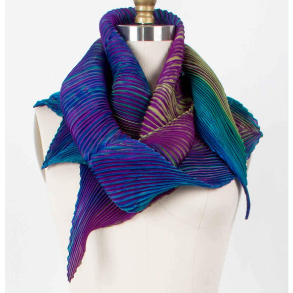 Cathayana Shibori Silk Zigzag Scarf in Purple and Teal Lime Artistic Designer Hand Dyed and Pleated Silk Scarf