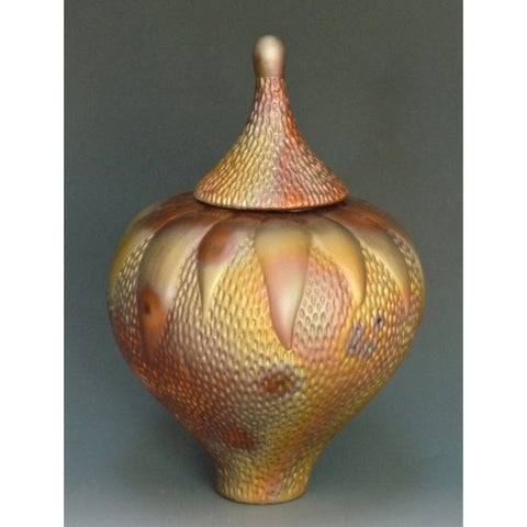 Cosmic Clay Studio Small Carved Leaf Cone Urn Number 18B Sawdust Fired Handmade PotteryJPG