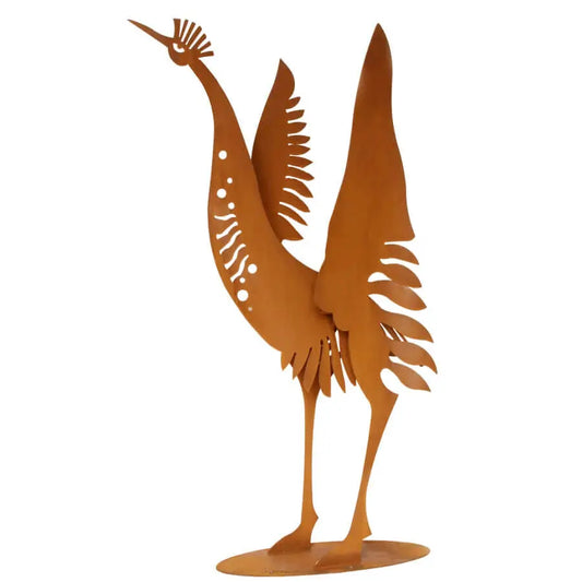 Cricket Forge Straight Necked Crane Sculpture Artistic Functional Outdoor Indoor Sculptures in Rust Patina