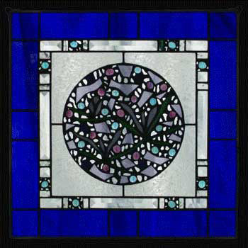 Edel Byrne Cobalt Blue Border Geometric Stained Glass Panel, Artistic Artisan Designer Stain Glass Window Panels
