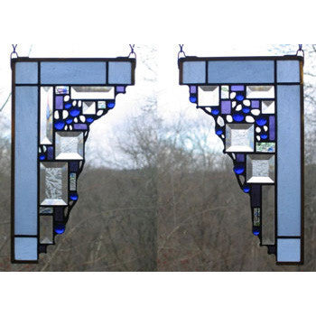Edel Byrne Light Blue Small Geometric Corner Pair Stained Glass Panels, Artistic Artisan Designer Stain Glass Window Panels