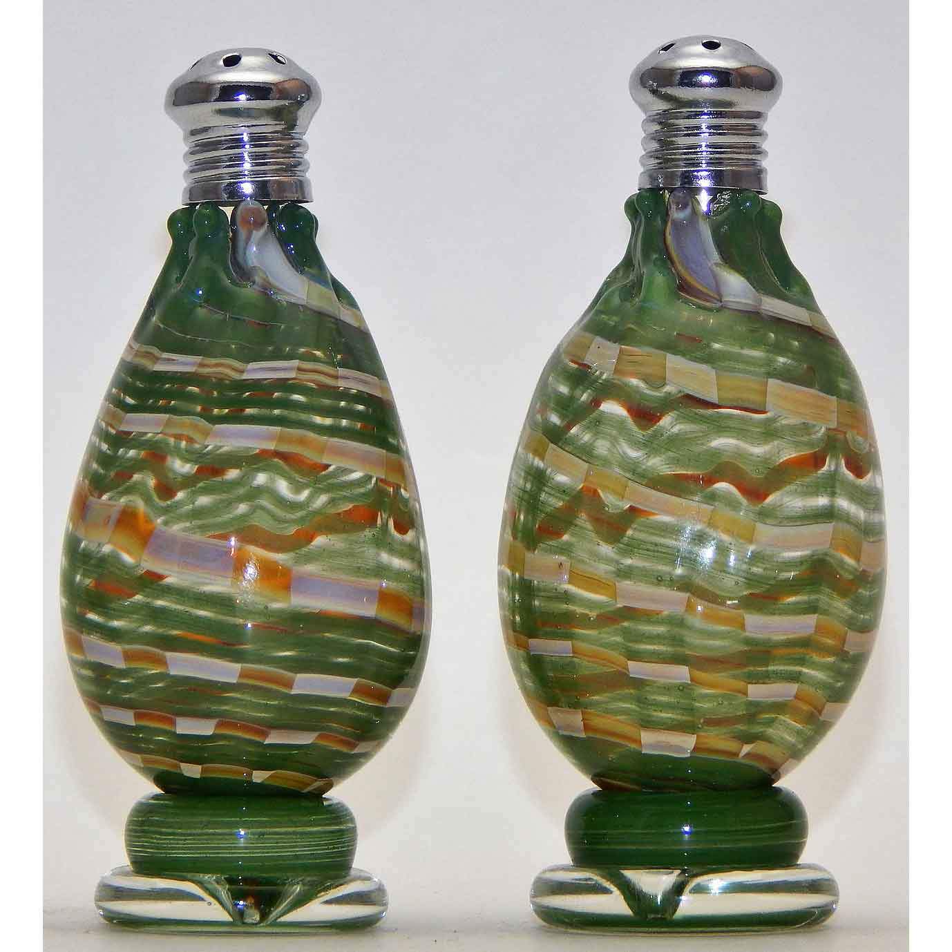 Four Sisters Art Glass Green and Cream Spiral Blown Gl ass Salt and Pepper Shaker 209 Artistic Handblown Glass Artistic Glass Salt and Pepper Shakers
