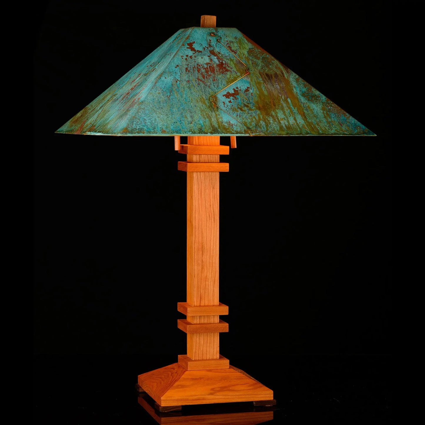 Franz GT Kessler Designs San Francisco Table Lamp 7000-L2, Hard Maple, Cherry Table Lamp, Blue Green Patina Copper Shade, Mission, Arts and Crafts, Artisan Lamps