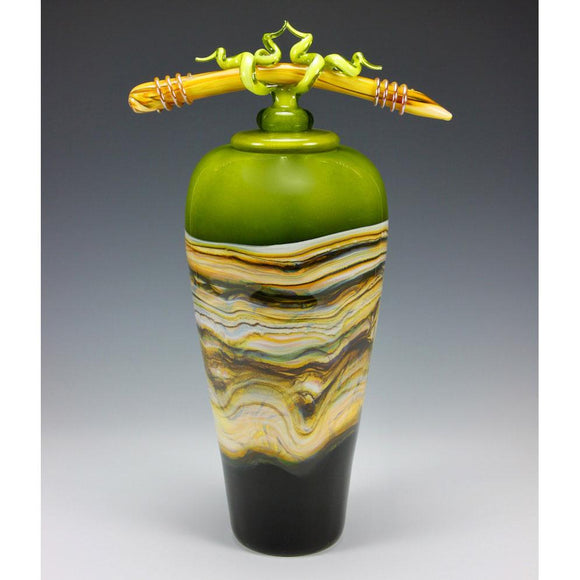 Gartner Blade Lime Strata Covered Vessel with Tied Bone Finial in Lime Hand Blown American Art Glass