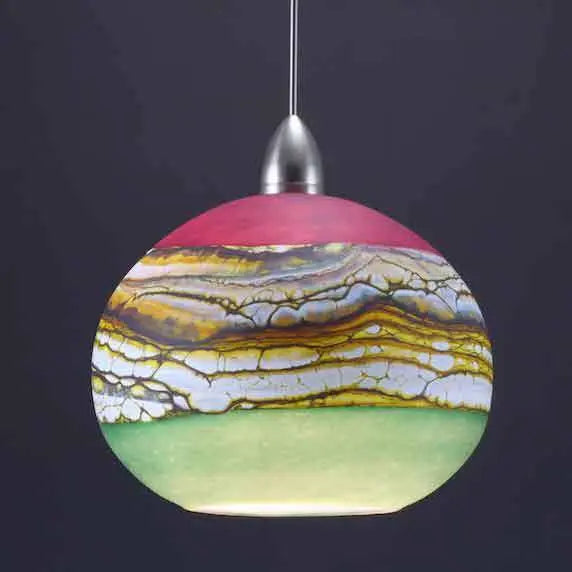 Gartner Blade Strata Round Pendant in Amethyst and Sage Lit Hand Blown American Art Glass Pendant Lamps