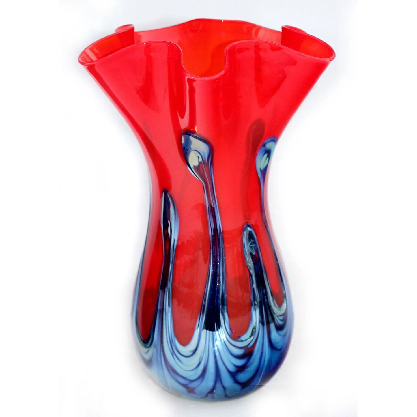 Glass Rocks Dottie Boscamp Red Lily Pad Fluted Vase Artisan Handblown Art Glass