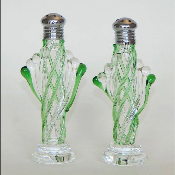 Green and Clear 221 Blown Glass Salt and Pepper Shaker by Four Sisters Art Glass