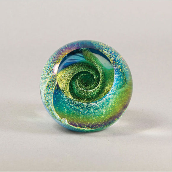 Handblown Glass Fireball Paperweight in Emerald Sky By Glass Eye Studio Artistic Artisan Crafted Paperweights