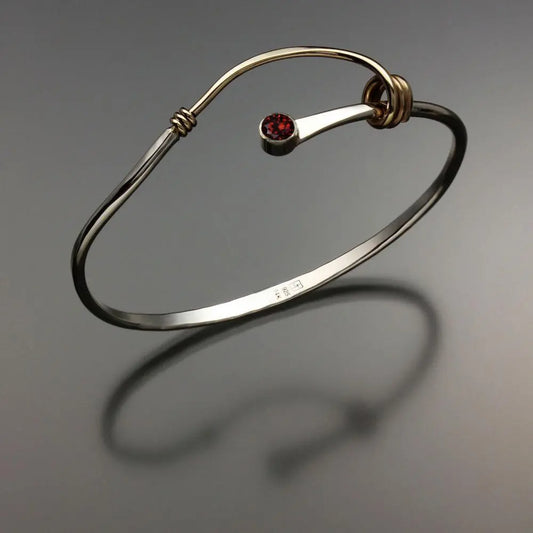 John Tzelepis Jewelry Sterling Silver and 14K Gold Garnet Bracelet BRA541GR-3 Handcrafted Artistic Artisan Designer Jewelry