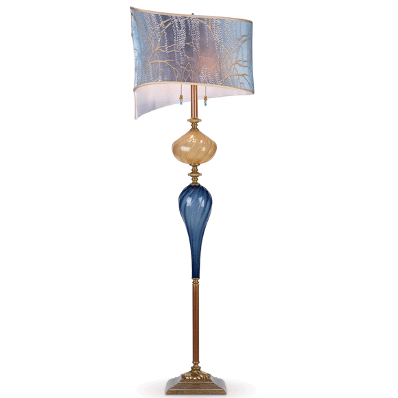 Kinzig Design Evan Floor Lamp F150AO132 Colors Blue Gray, Cream Blown Glass and Silk Artistic Artisan Designer Floor Lamps